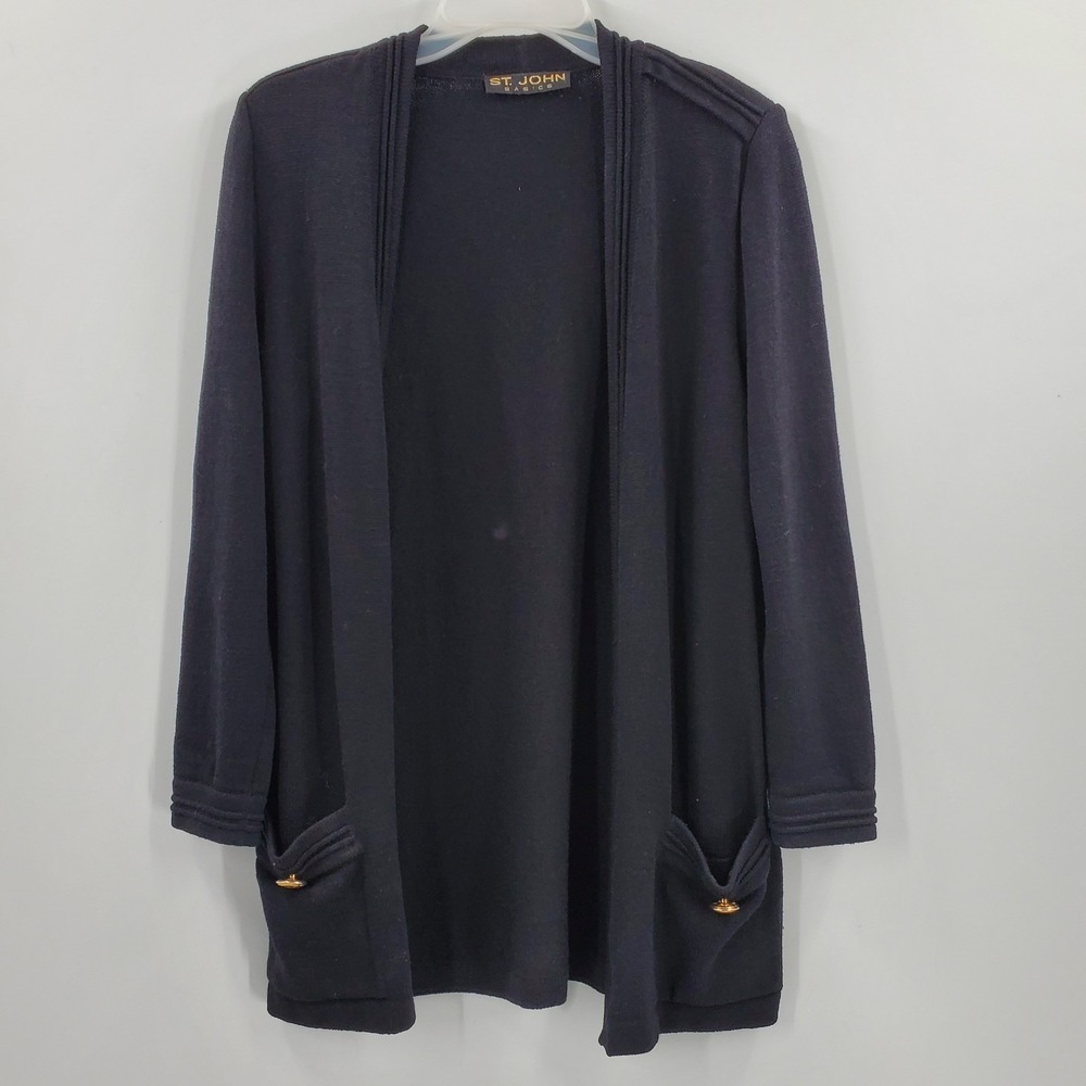 St. John Basic Black Gold Hardware Wool Santana Knit Wrap Cardigan Sweater